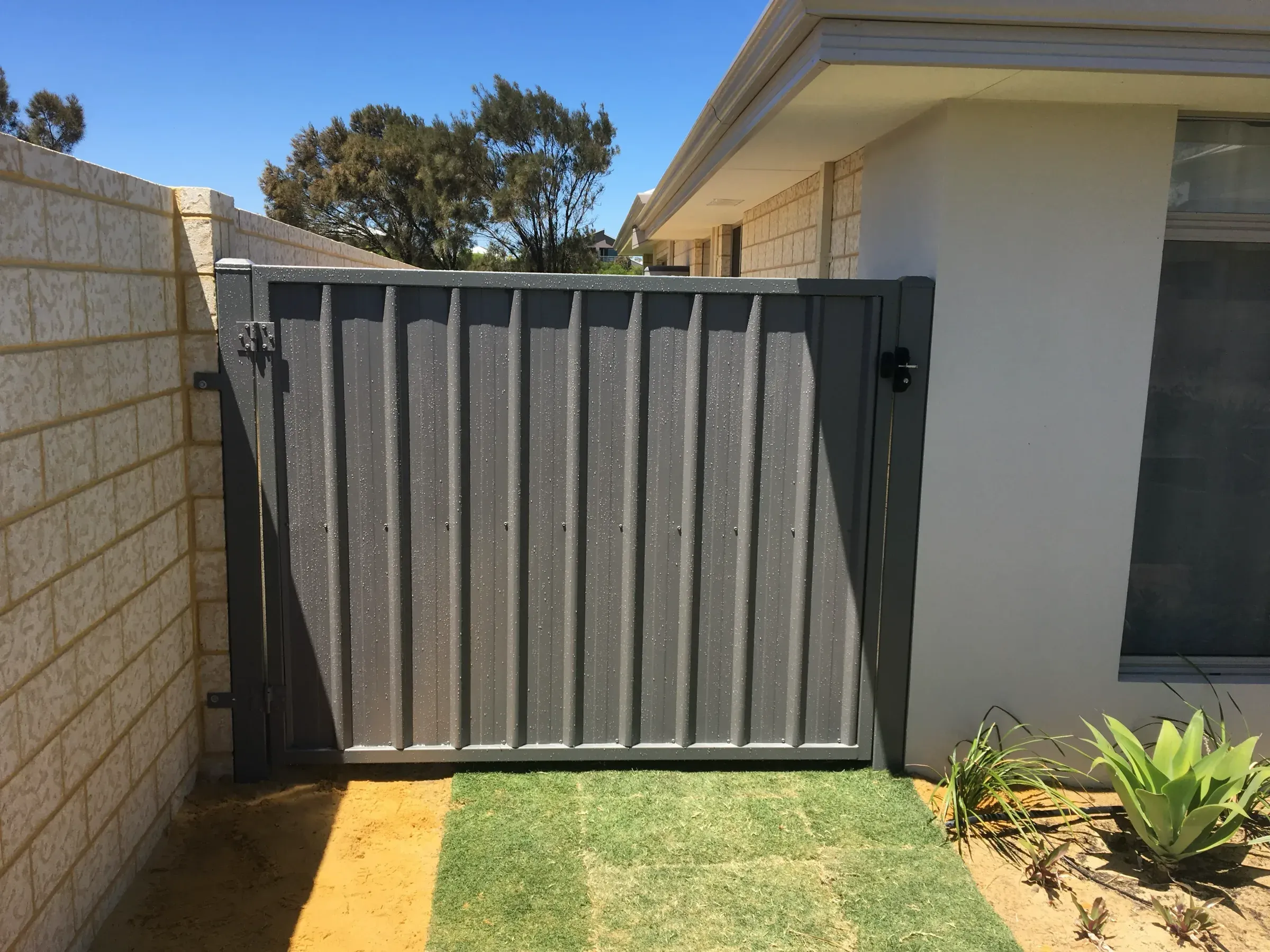Colorbond side-access gate opening onto a paved path beside a lawn