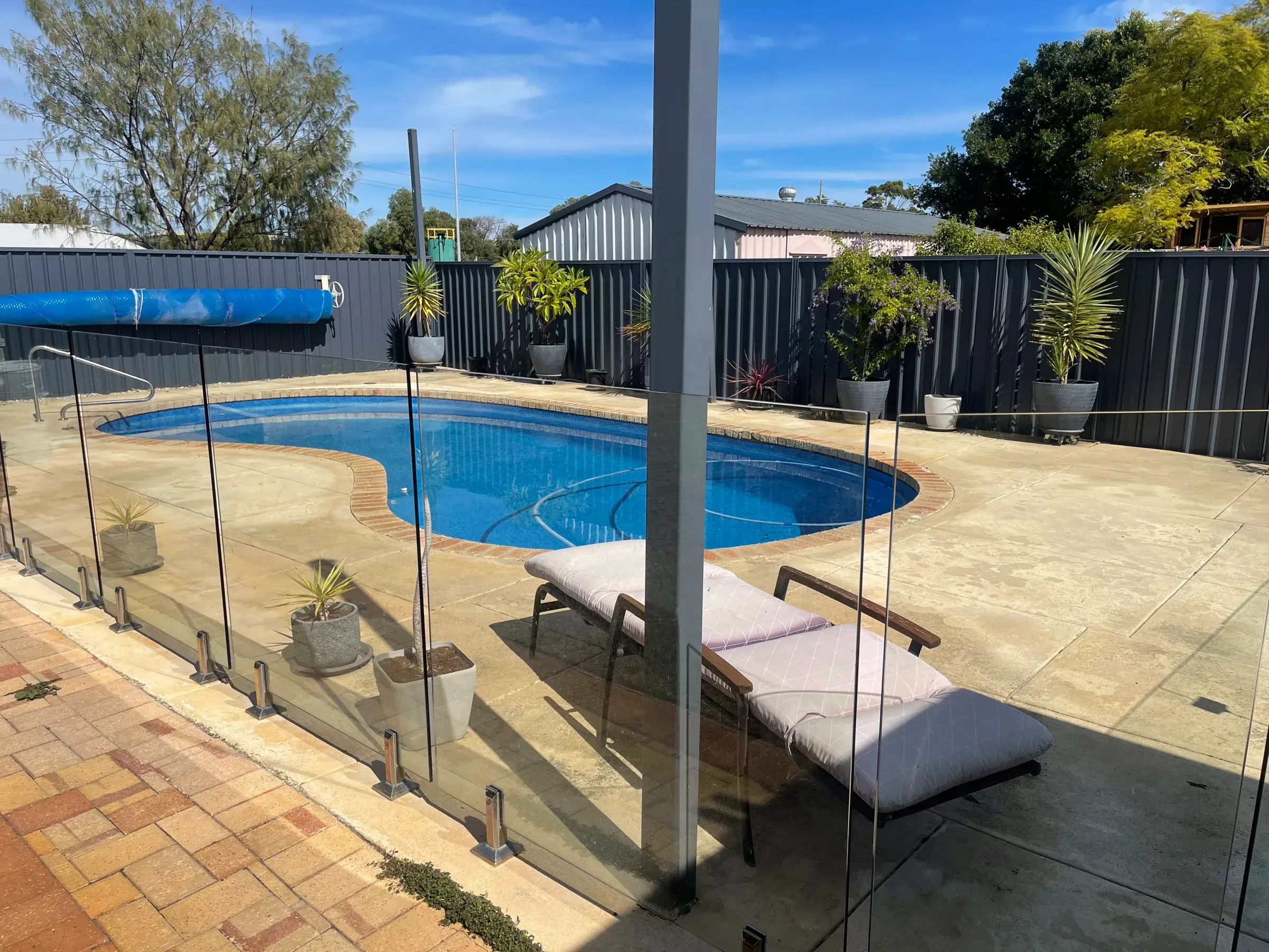 Frameless glass pool fence enclosing a kidney-shaped pool on a paved surround