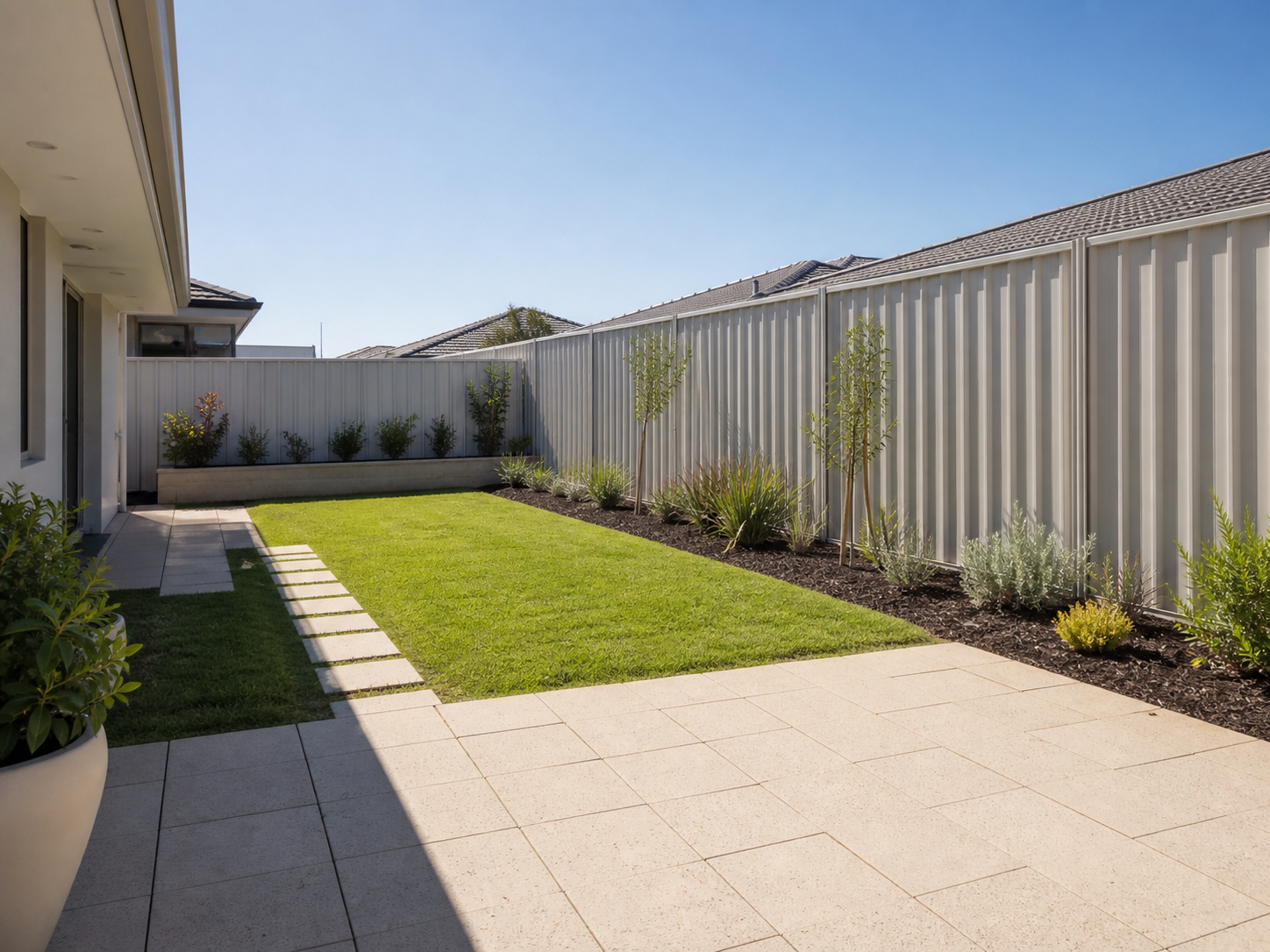 Illustrative concept of a finished suburban backyard with fencing, landscaping and paving